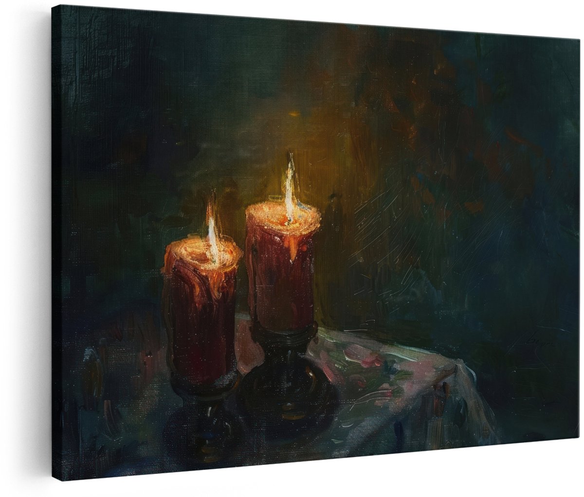 Artaza Canvas Schilderij Stilleven Kaarsen - 180x120 cm - Groot - Wanddecoratie Olieverfschilderij - Muurdecoratie Klassiek - Decoratie Sfeervol Licht