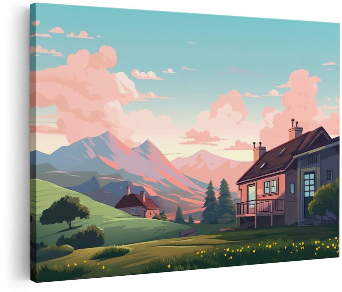 Artaza Canvas Schilderij Berglandschap - 180x120 cm - Groot - Wanddecoratie Natuur - Muurdecoratie Huisje - Schilderijen Landschap Woonkamer - Roze