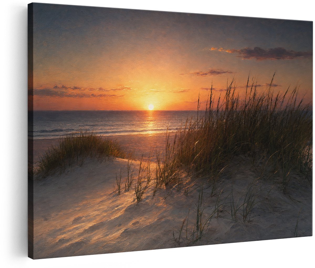 Artaza Canvas Schilderij Zonsondergang Strand - Duinen En Hoog Gras - 180x120 cm - Groot - Wanddecoratie Woonkamer - Schilderijen - Muurdecoratie
