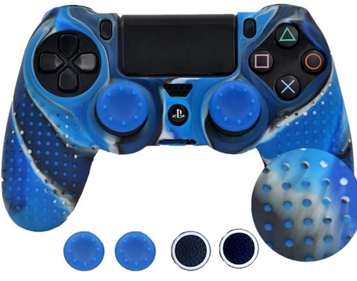 Antislip Siliconen Controller Beschermhoes voor PS4 met 4 Duimgrepen - Blauw Camouflage