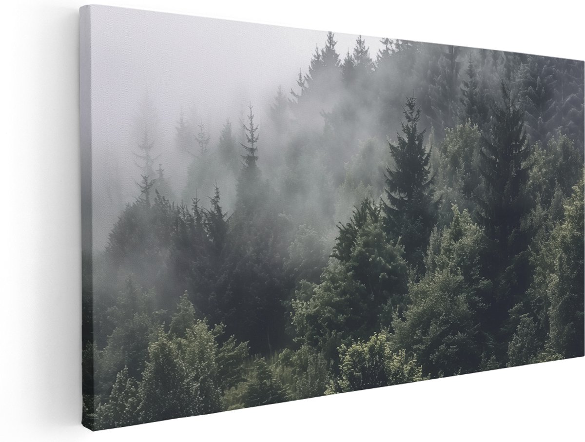 Artaza Canvas Schilderij Bos Bedekt met Mist - 180x90 cm - Groot - Klein - Wanddecoratie Woonkamer - Schilderijen - Muurdecoratie