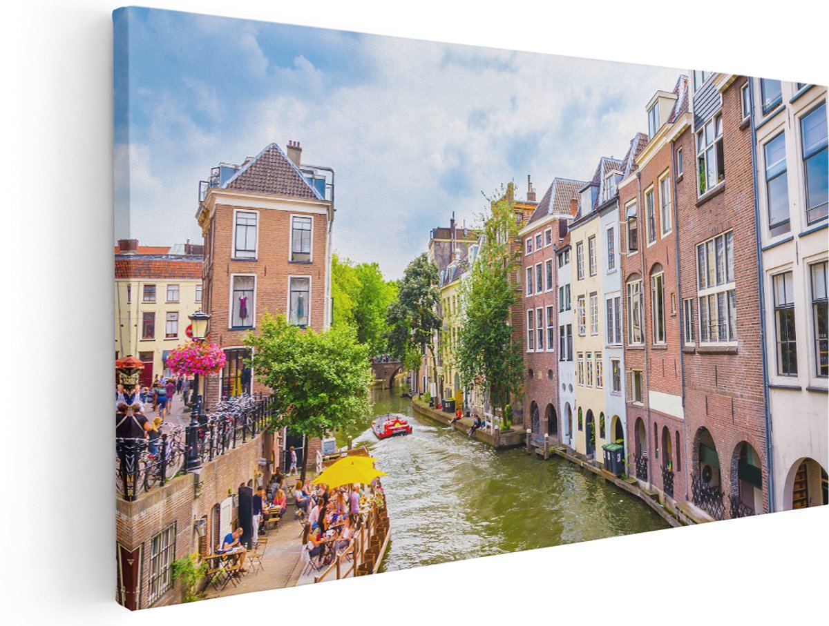 Artaza Canvas Schilderij Huizen Aan De Oudegracht In Utrecht - 180x90 cm - Groot - Wanddecoratie Woonkamer - Schilderijen - Muurdecoratie