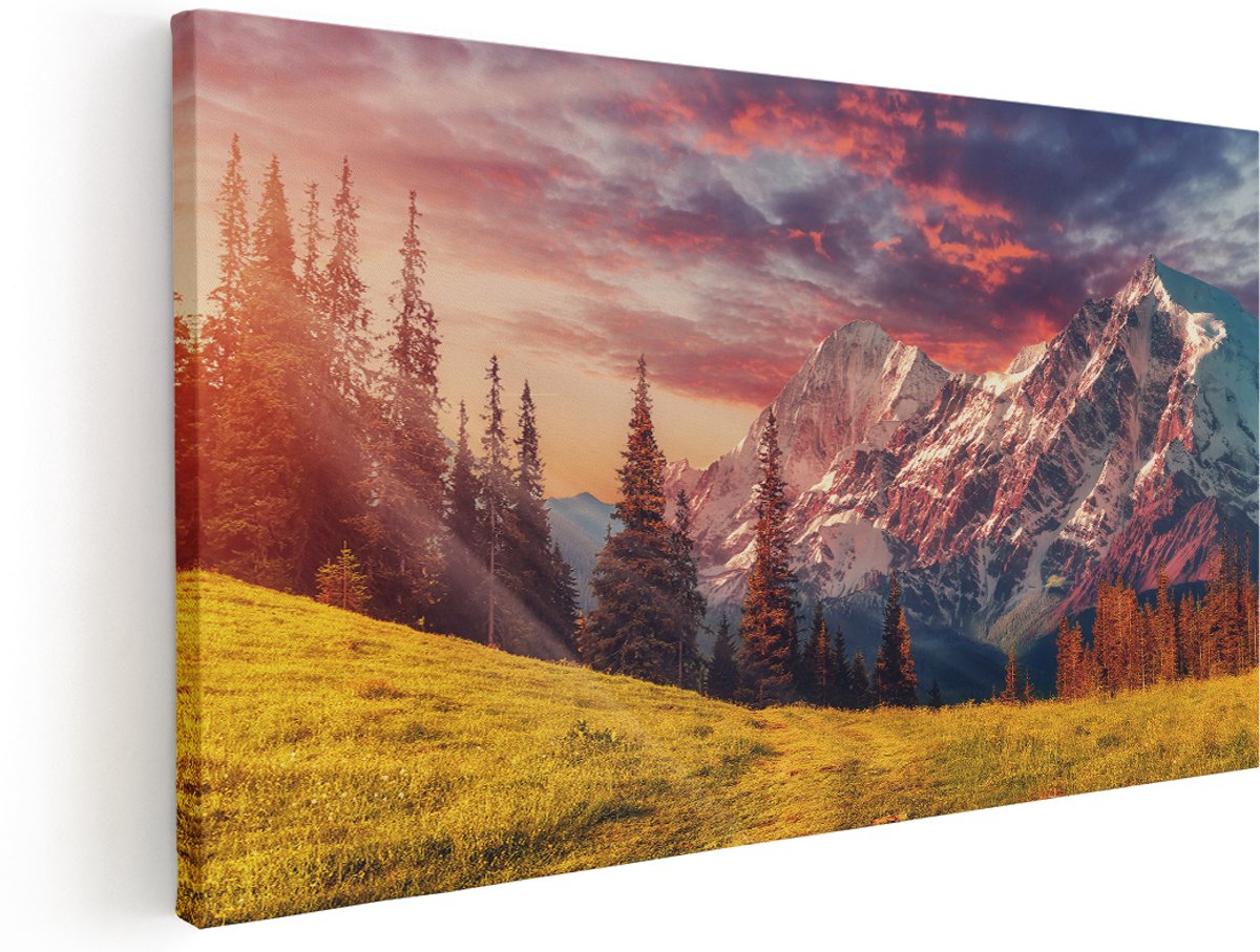 Artaza Canvas Schilderij Alpen Landschap Met Een Kleurrijke Hemel - 180x90 cm - Groot - Wanddecoratie Woonkamer - Schilderijen - Muurdecoratie
