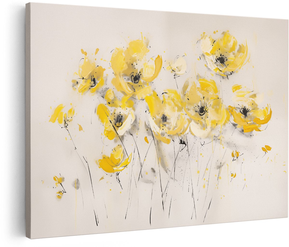 Artaza Canvas Schilderij Kunstwerk van Gele Bloemen op een Beige Achtergrond - 180x120 cm - Groot - Wanddecoratie Woonkamer - Schilderijen - Muurdecoratie