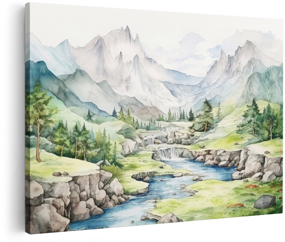 Artaza Canvas Schilderij Berglandschap - 180x120 cm - Groot - Wanddecoratie Natuur - Muurdecoratie Waterval - Decoratie Aquarel Bergen