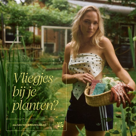 Vrouw in de tuin met mand vol planten en bloemen, met handschoenen aan. Tekst: Vliegjes bij je planten?