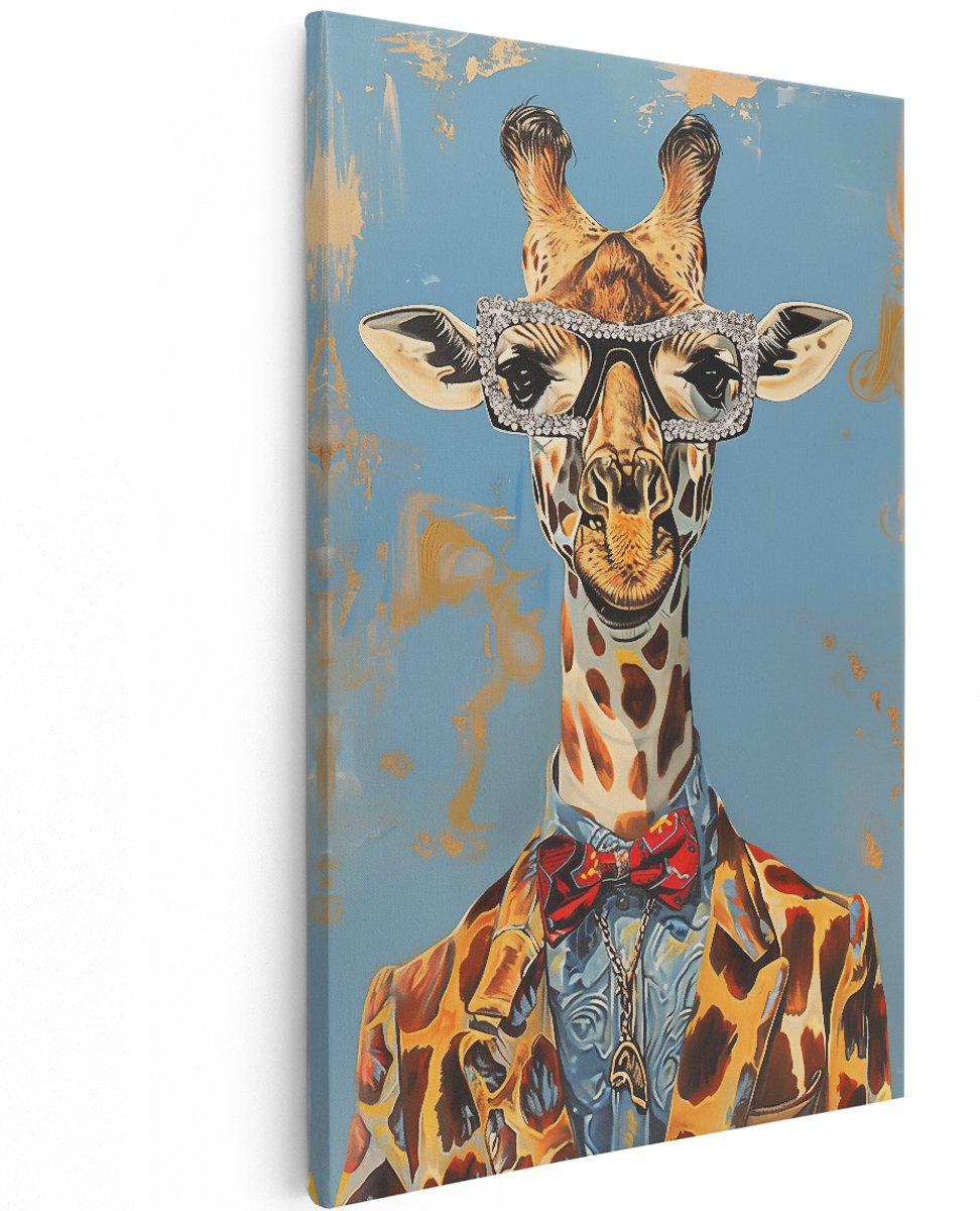 Artaza Canvas Schilderij Giraffe met Bril en Vlinderdas - Dieren - 120x180 cm - Groot - Wanddecoratie Woonkamer - Schilderijen - Muurdecoratie