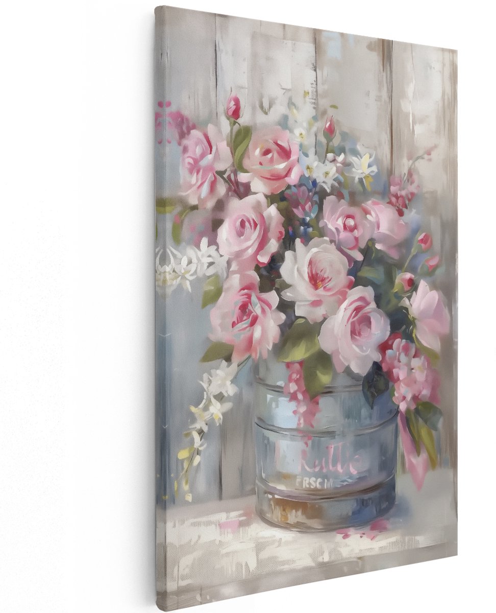 Artaza Canvas Schilderij Roze Rozen in een Emmer - Bloemen - 120x180 cm - Groot - Wanddecoratie Woonkamer - Schilderijen - Muurdecoratie