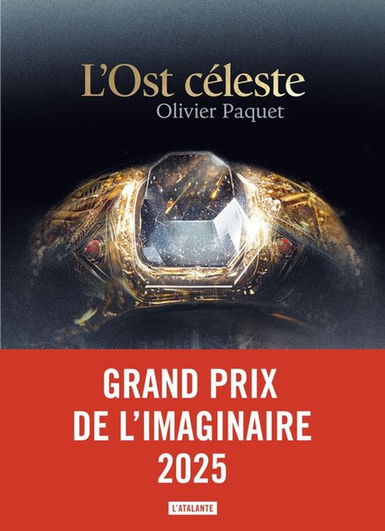 Livre 'L'Ost céleste', couverture avec une bague dorée sertie d'un gros diamant, et texte 'GRAND PRIX DE L'IMAGINAIRE 2025'.
