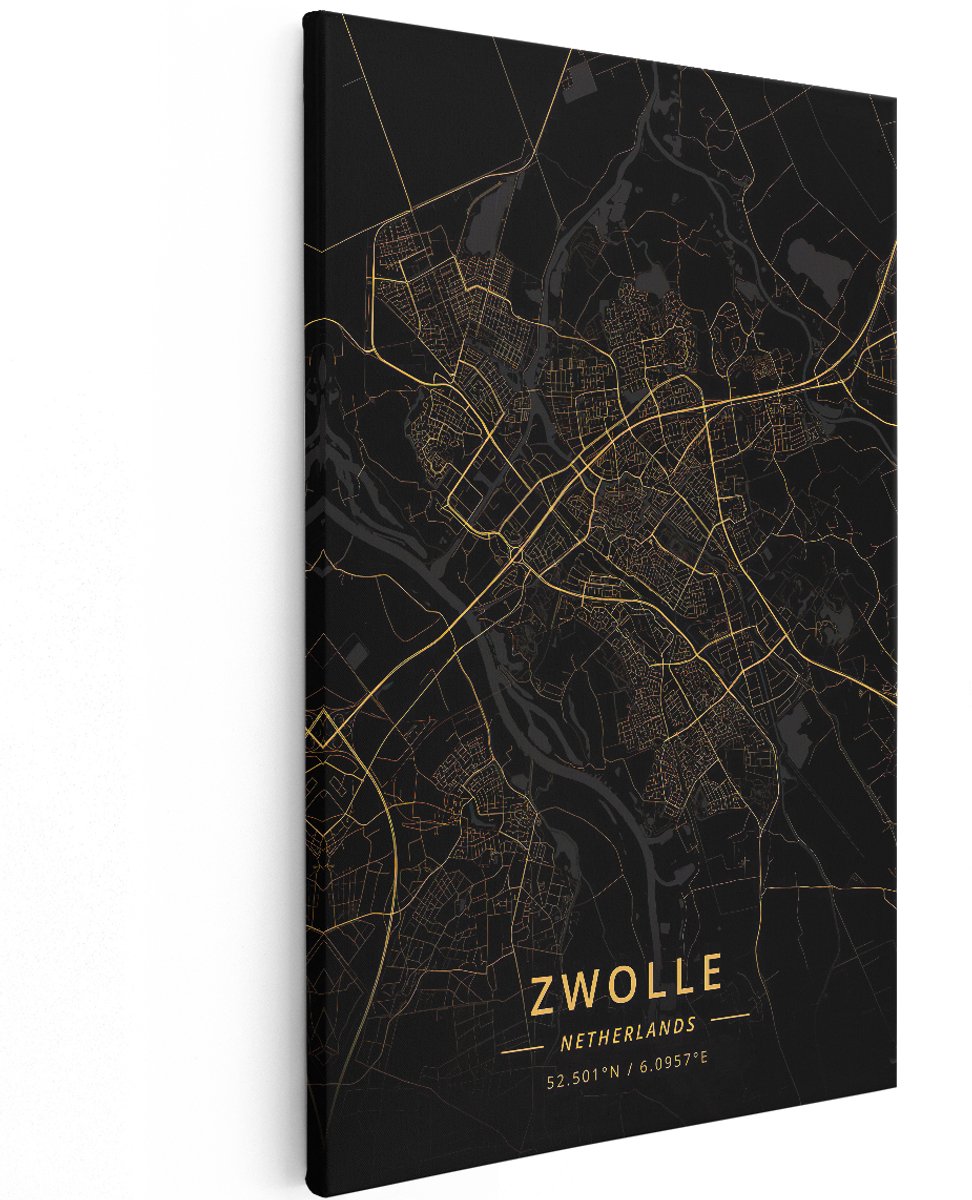 Artaza Canvas Schilderij Stadskaart Zwolle in het Goud en Zwart - 120x180 cm - Groot - Muurdecoratie - Canvas Print