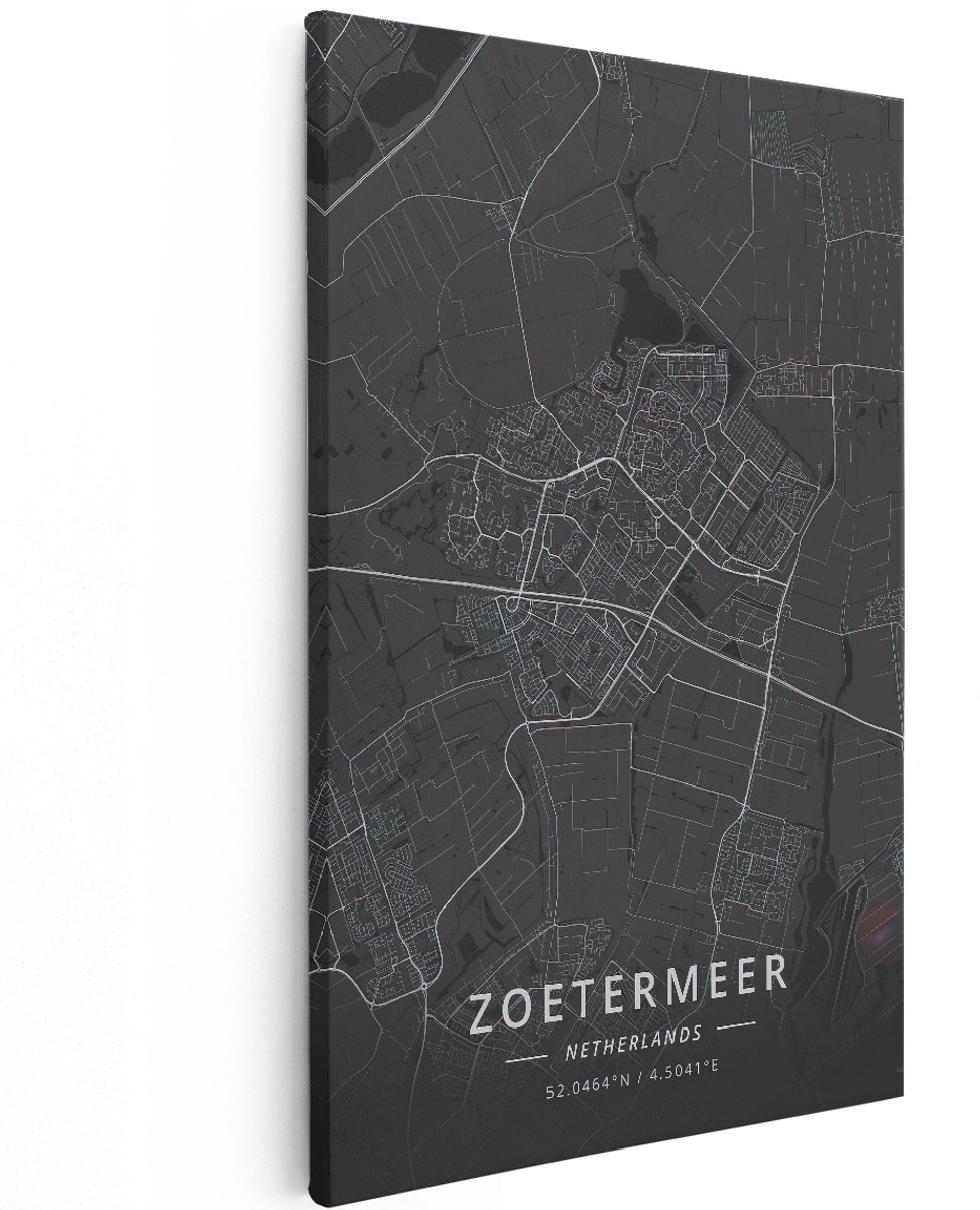 Artaza Canvas Schilderij Stadskaart Zoetermeer in het Zwart - 120x180 cm - Groot - Muurdecoratie - Canvas Print