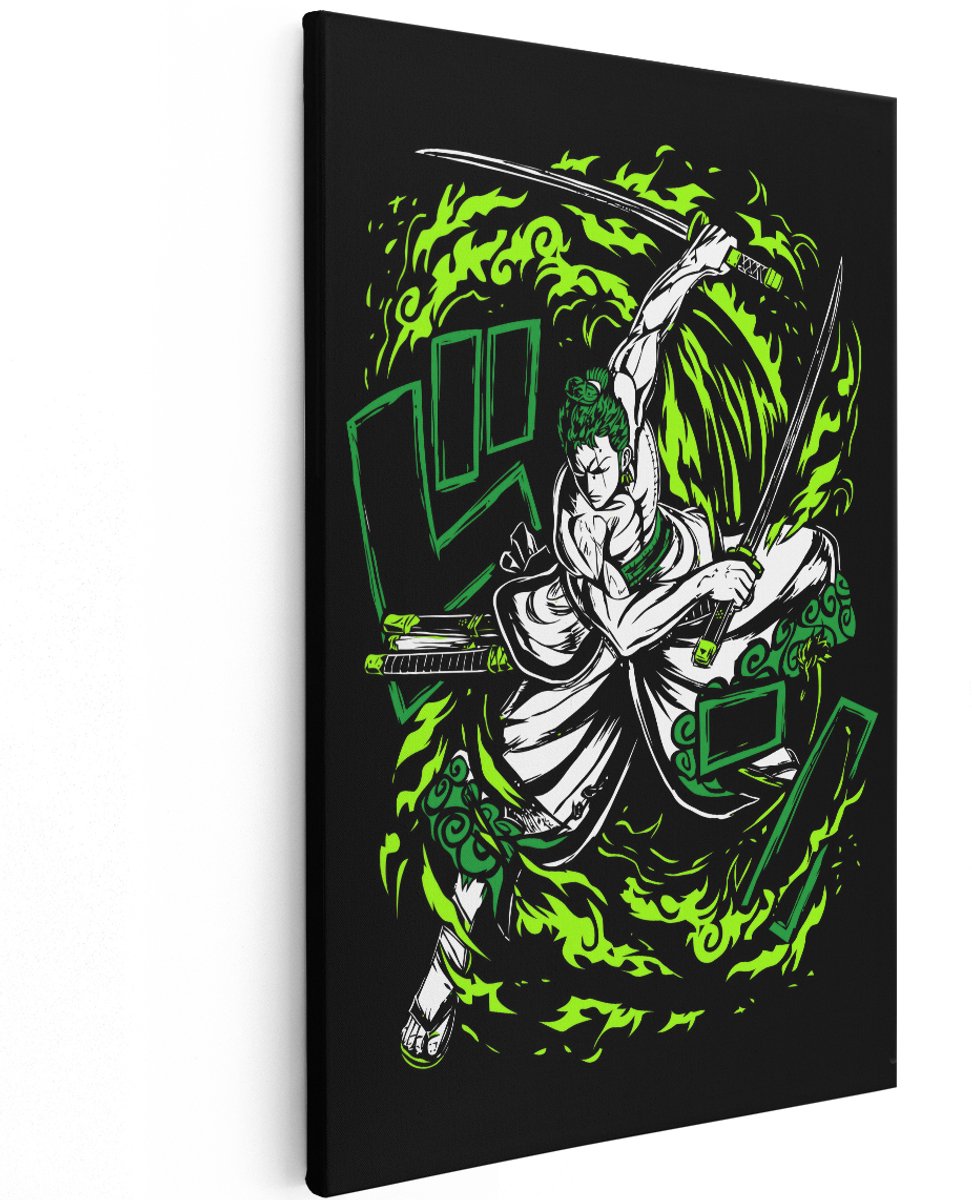 Artaza Canvas Schilderij Zoro - 120x180 cm - Groot - Anime Wanddecoratie One Piece - Muurdecoratie Samoerai - Schilderijen Op Canvas Groen