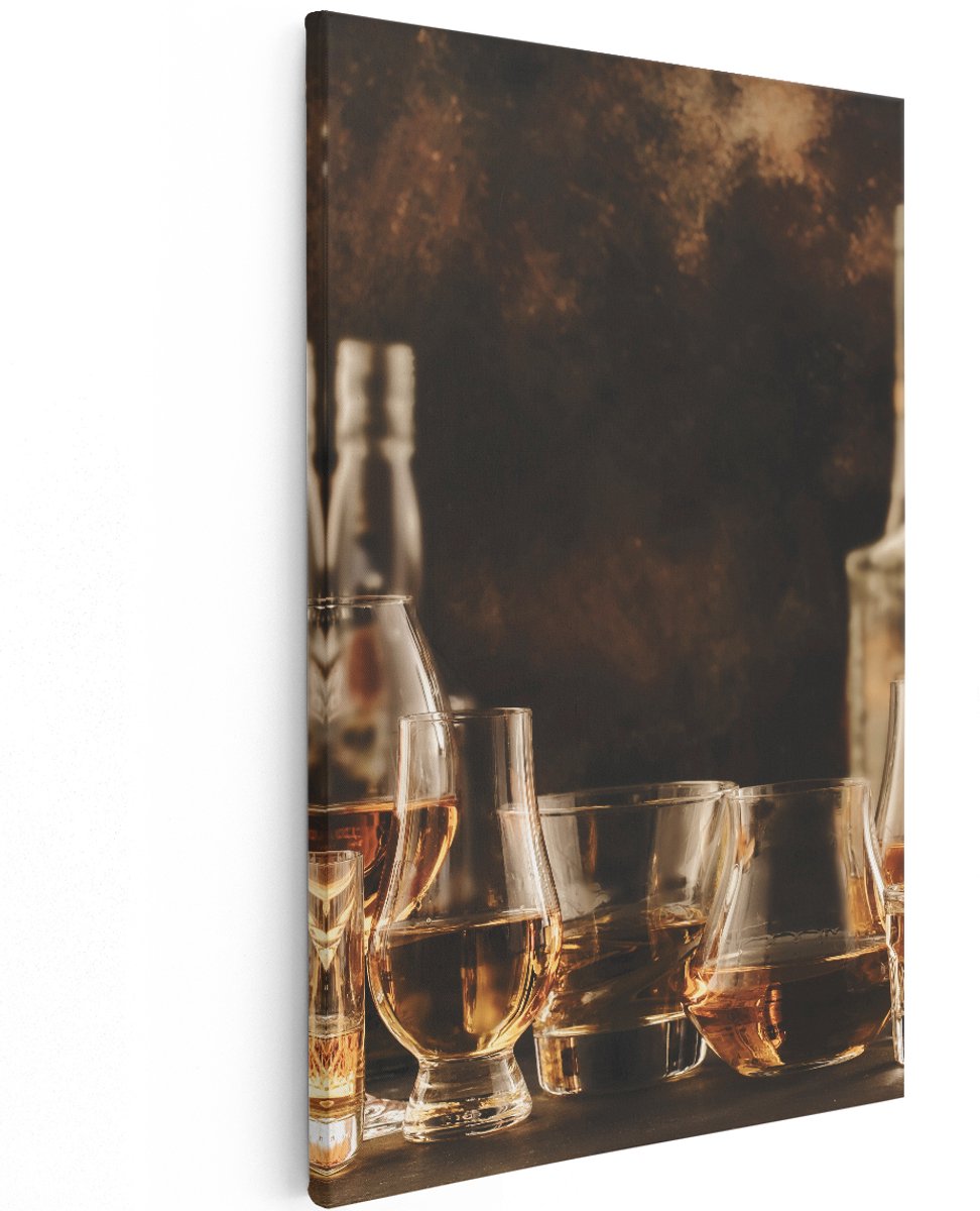 Artaza Canvas Schilderij Glazen met Sterke Drank - Flessen - 120x180 cm - Groot - Wanddecoratie Woonkamer - Schilderijen - Muurdecoratie