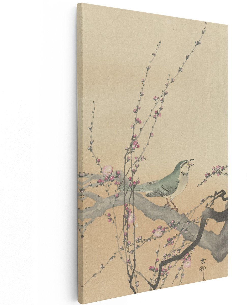 Artaza Canvas Schilderij Zangvogel en Pruimenbloesem - Ohara Koson - 120x180 cm - Groot - Kunst - Wanddecoratie Woonkamer
