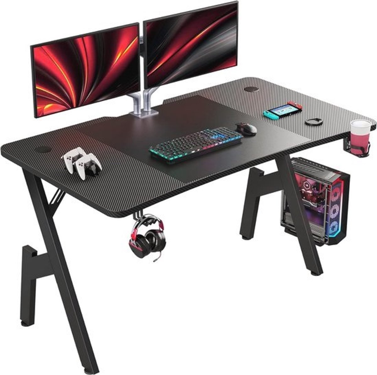 Ergonomisch Gamingbureau 140 x 60 cm met Bekerhouder en Hoofdtelefoonhaak - Zwart