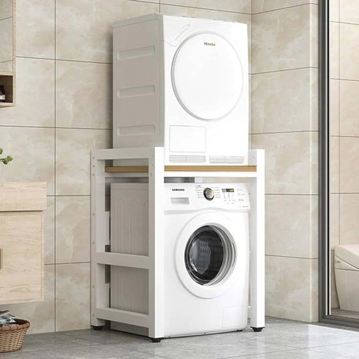 Wasmachine Rek met Opbergruimte - In hoogte Verstelbare Standaard voor Wasmachine en Droger