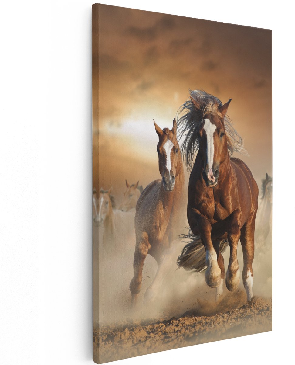 Artaza Canvas Schilderij Wilde Paarden In Het Zand - 120x180 cm - Groot - Wanddecoratie Woonkamer - Schilderijen - Muurdecoratie