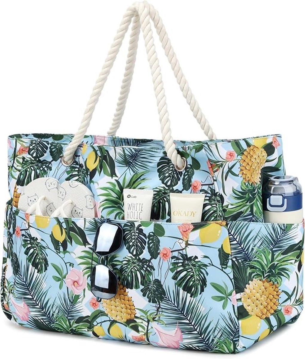 Grote waterdichte strandtas met tropische print en ritssluiting