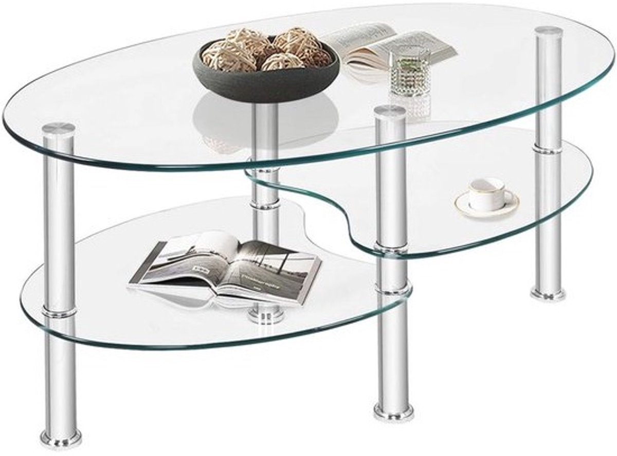 Ovale glazen salontafel met 3 opslagniveaus - Transparant meubel voor woonkamer en kantoor
