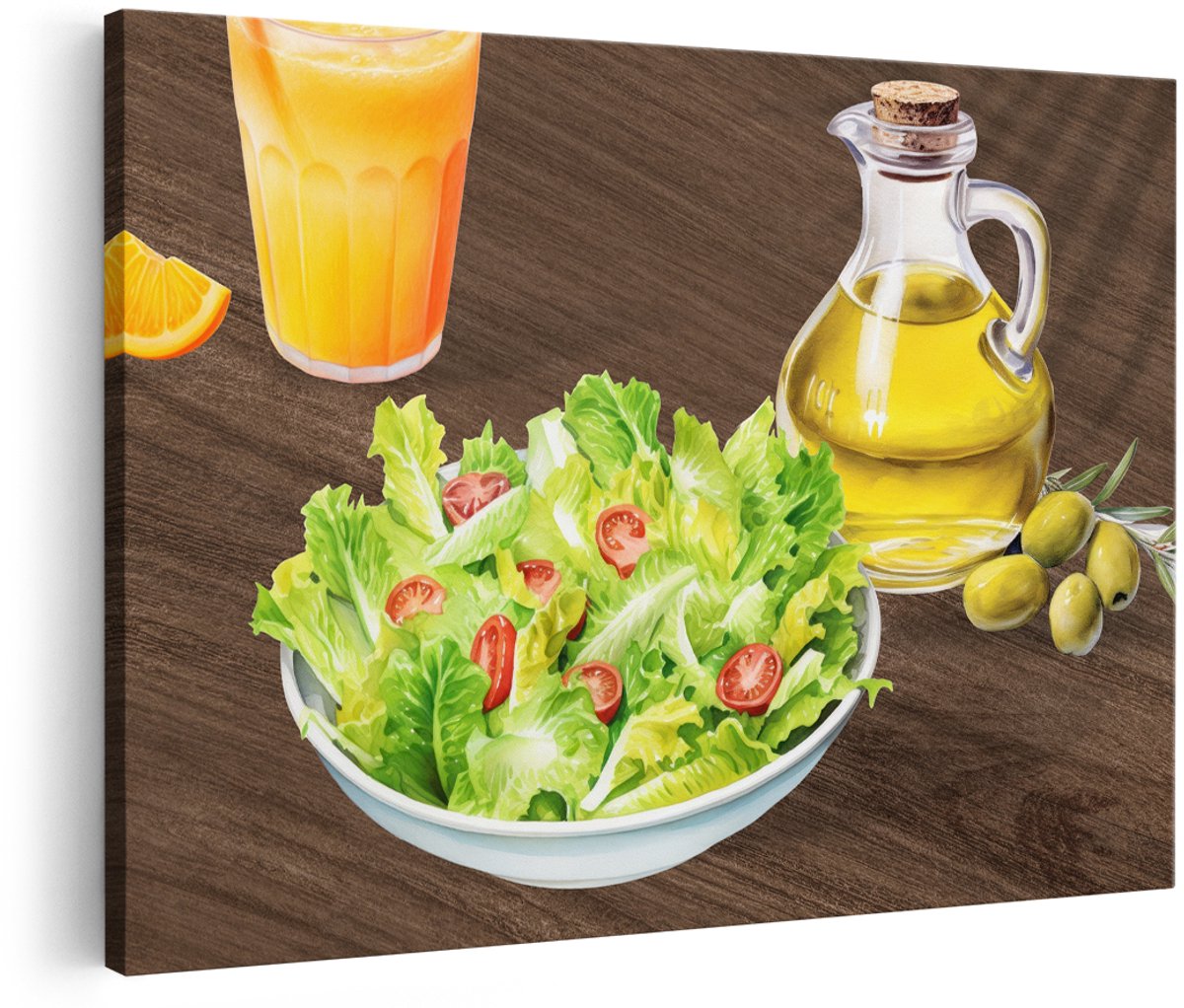 Artaza Canvas Schilderij Stilleven Salade - 150x100 cm - Groot - Wanddecoratie Keuken - Muurdecoratie Olijfolie - Schilderijen Op Canvas Eten