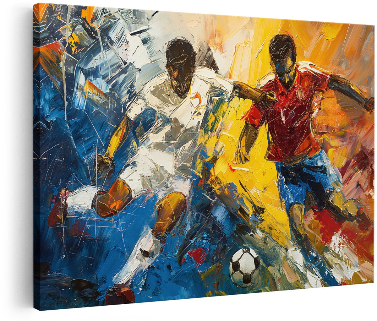 Artaza Canvas Schilderij Voetbal - 150x100 cm - Groot - Wanddecoratie Voetballers - Muurdecoratie Kleurrijk - Decoratie Olieverf Sport