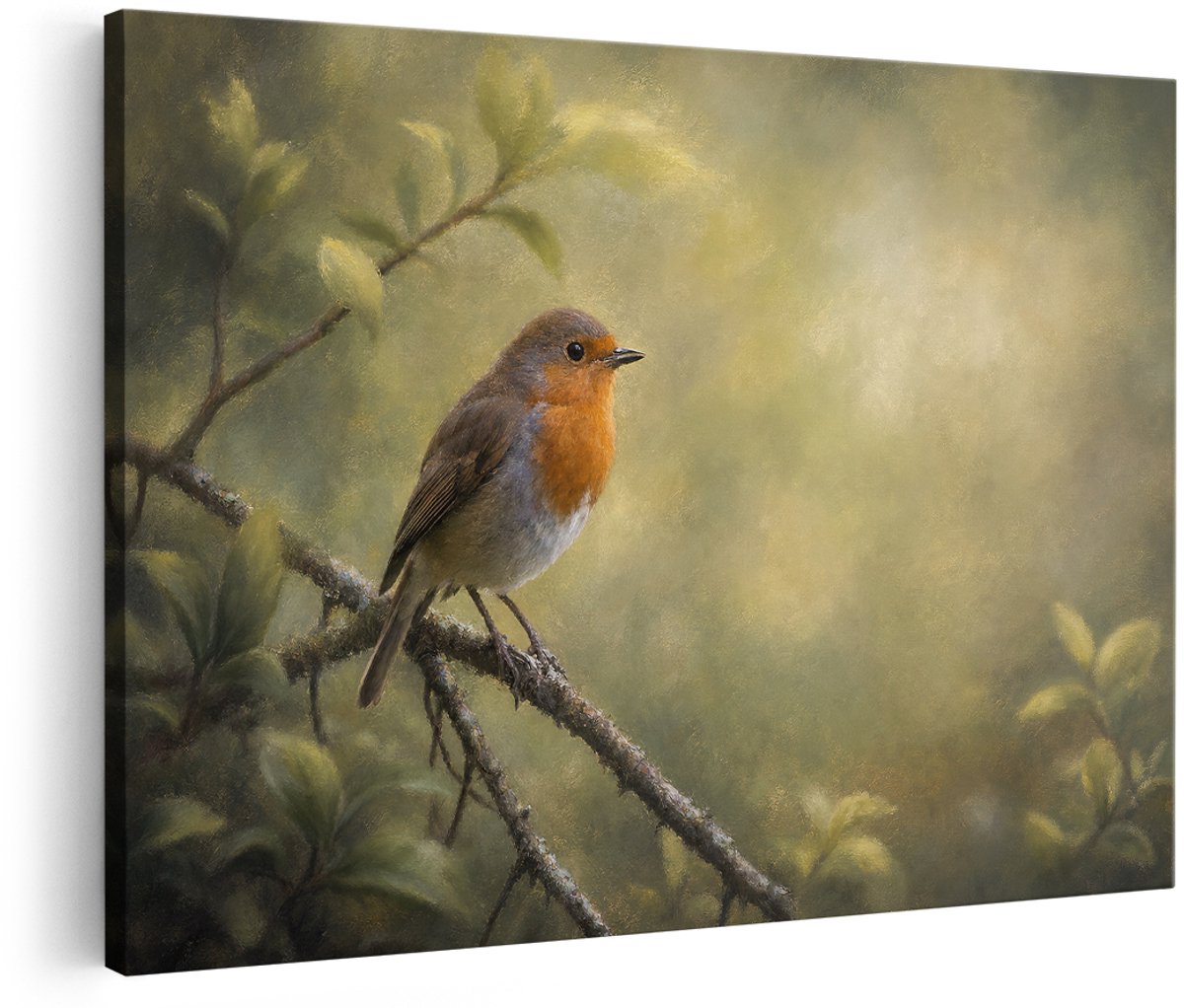 Artaza Canvas Schilderij Roodborstje - Takken En Bladeren - Natuur - 150x100 cm - Groot - Wanddecoratie Woonkamer - Schilderijen - Muurdecoratie