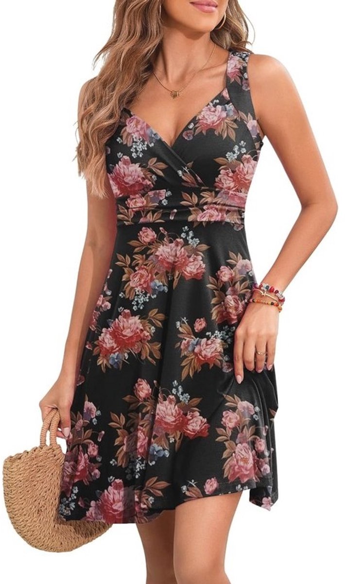 Dames Zomerjurk Midi met V-hals, Mouwloos Bloemenpatroon - Ideaal voor het Strand