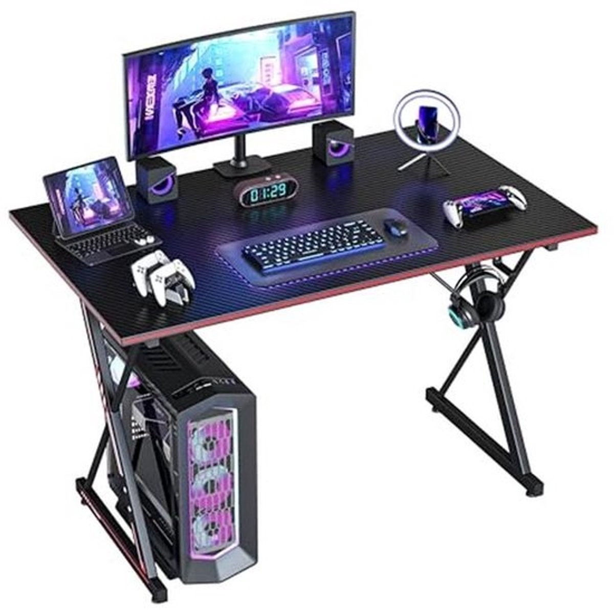 Gamingtafel 80 x 50 cm met Hoofdtelefoonhaak en Koolstofvezelcoating - Ergonomisch PC-bureau met Metalen Frame - Zwart