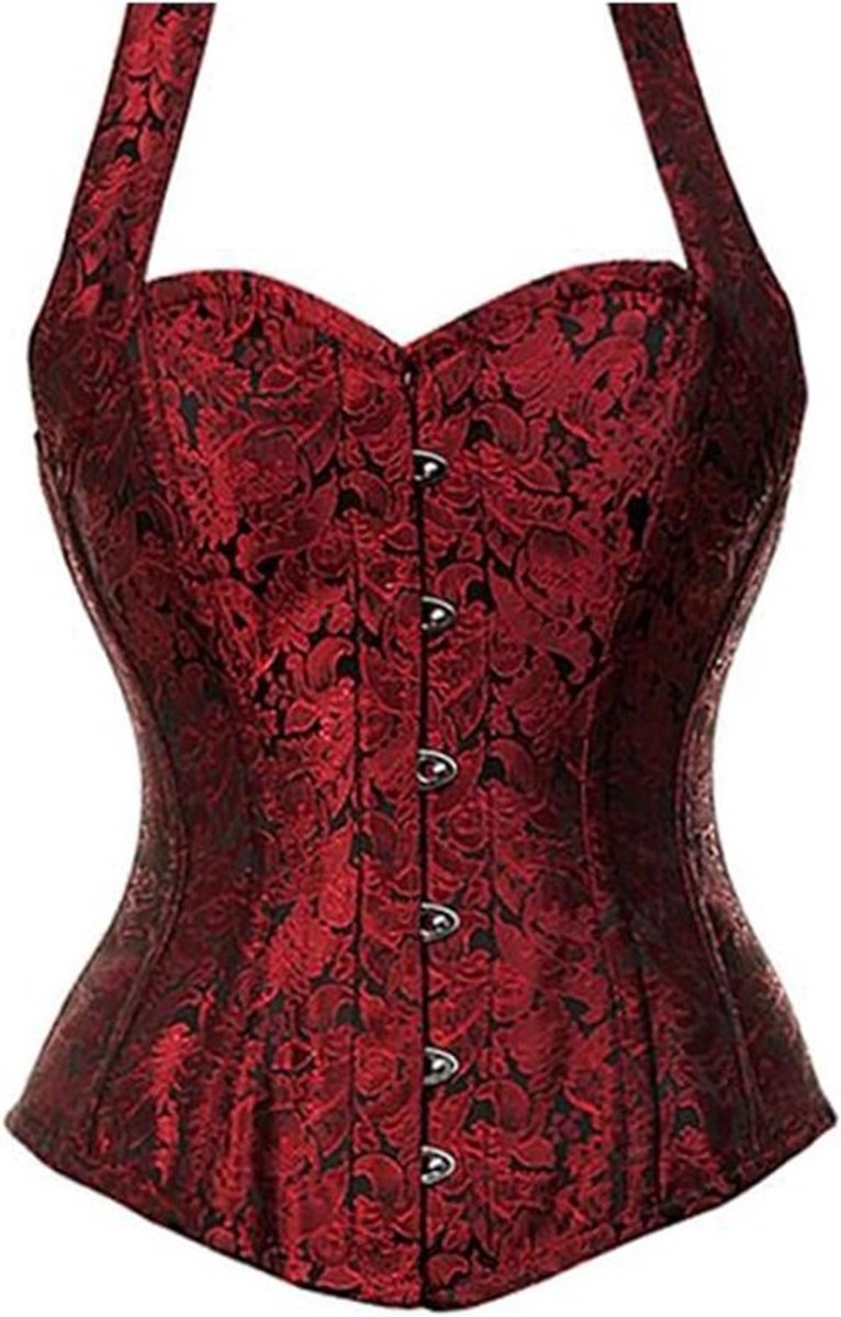 Gothic Korset - Overbust Bustier - Feestelijke Gelegenheden - Brocade Stof - 36.5cm Lengte - Rood Zwart