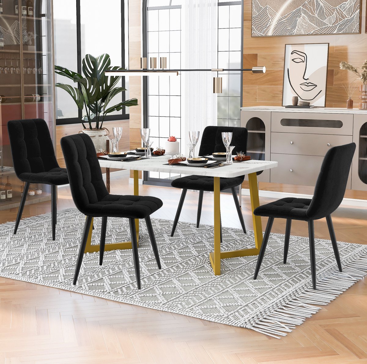 Wishdor Eettafelset met 4 stoelen - Rechthoekig blad - Gouden poten - Modern - Woonkamer eetkamer keuken - Hout met metaal - Zwart goud - 117 x 68 x 75 cm