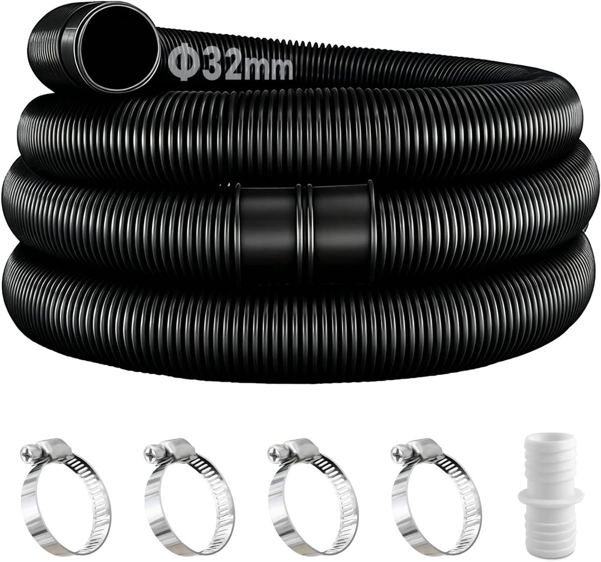 Zwarte zwembadslang 32mm met 4 beveiligingsclips en 1 slanke aansluiting, 150cm lengte voor filterpomp en zwembadonderhoud