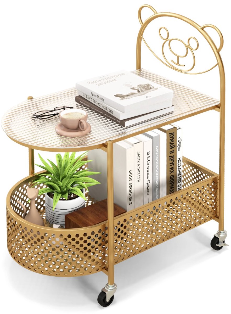 SureDeal® - Bijzettafel van glas met wieltjes, 2-traps glazen tafel met berenpatroon, nachtkastje met opbergmand, salontafel, koffietafel, modern, voor woonkamer, slaapkamer, 60 x 40 x 76 cm (goud)