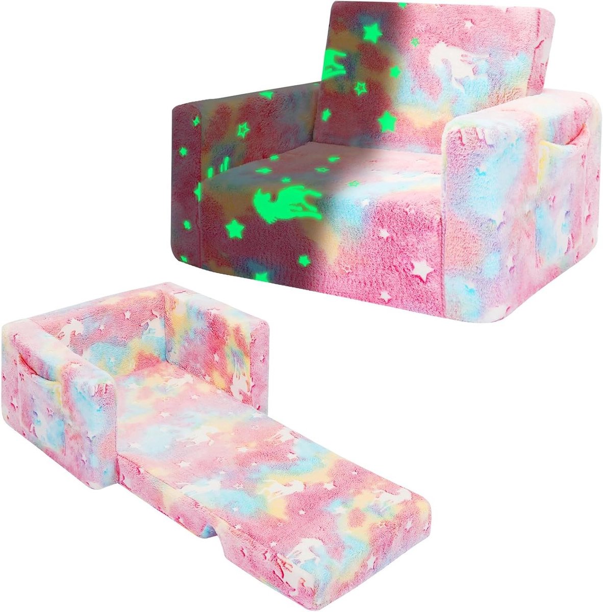 Peuterstoel Uitklapbaar - Kindersofa Ligbed - Spelen Zitten Slapen - Licht Op In Donker - M - Roze