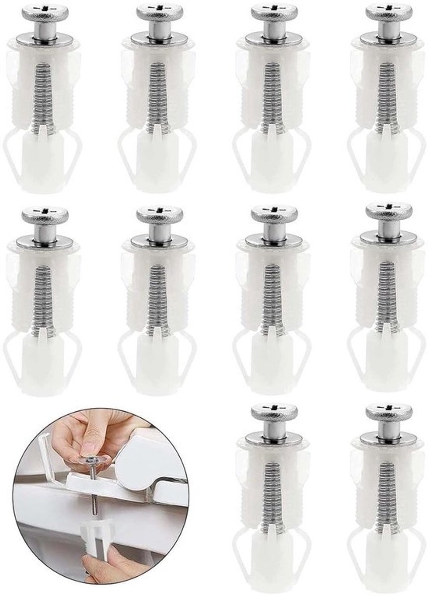 Toiletbril bevestigingsset van 10 stuks, roestvrijstalen schroeven en nylon moeren voor vervanging van toiletzittingen en accessoires