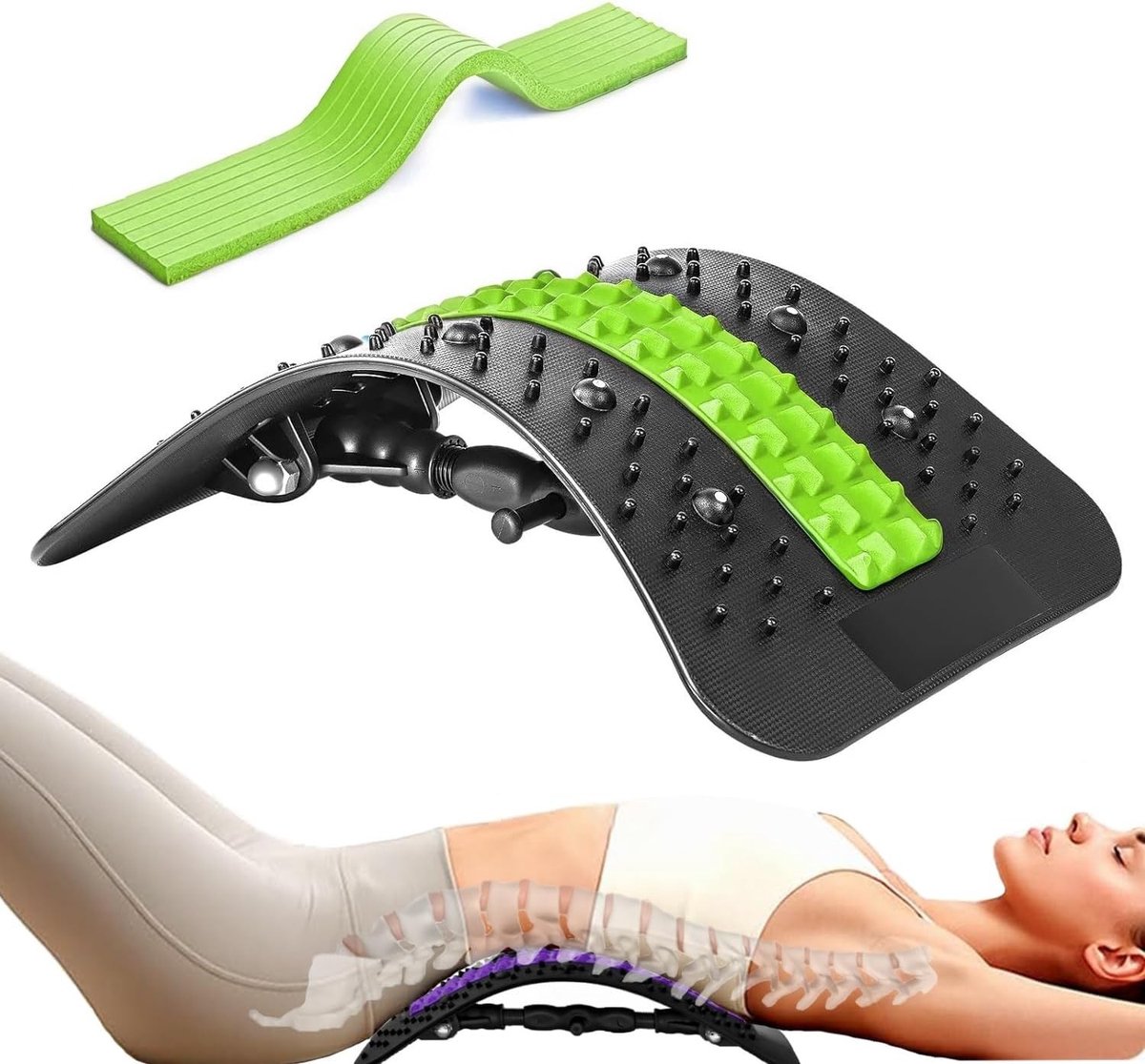 Rugstrekker Apparaat - Groen-Zwart - Verstelbare Rugtrainer met Massagepunten - Voor Rugpijn, Hernia en Scoliose