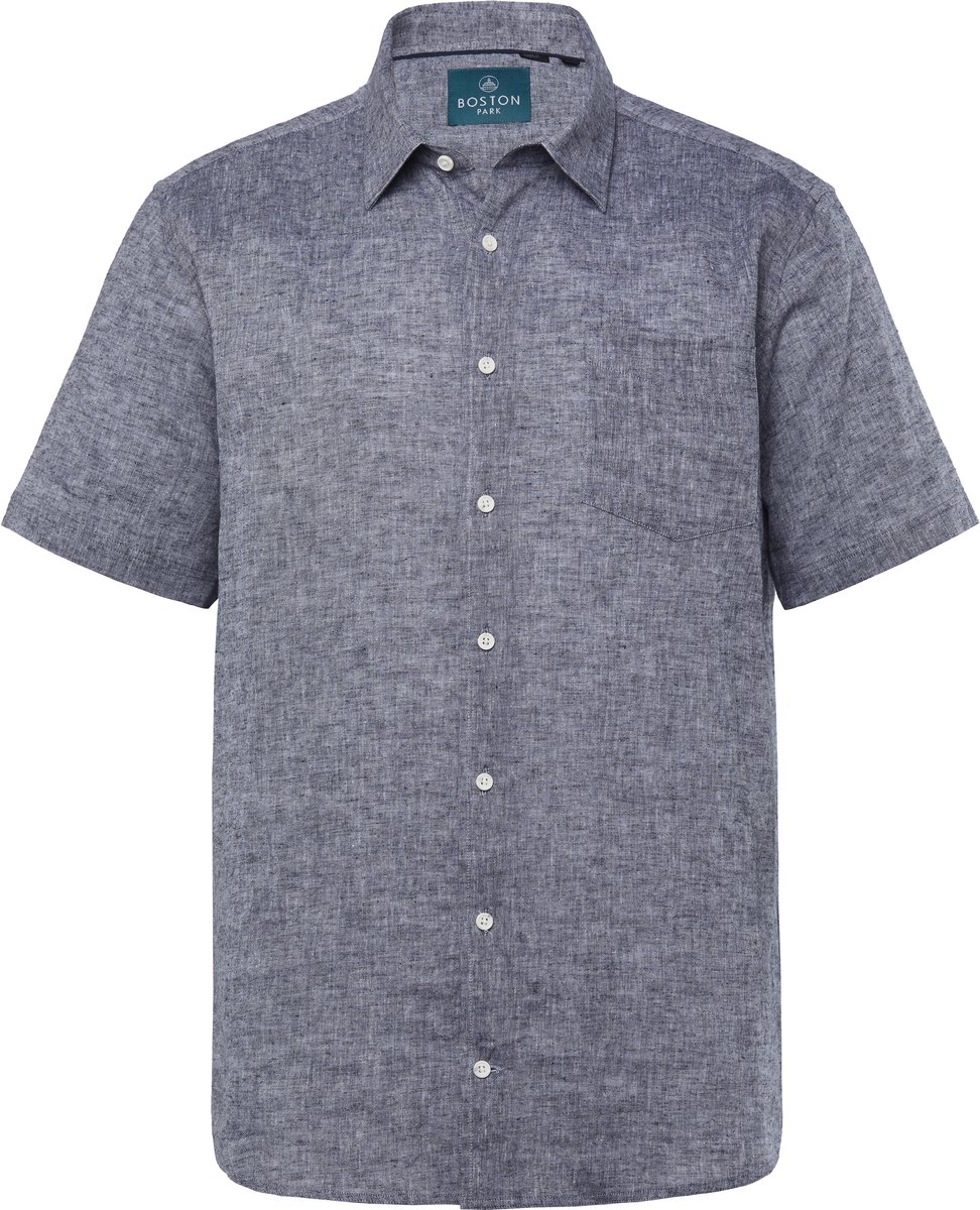 Boston Park - Heren - Overhemd van een linnenmix korte mouwen strepen kentkraag - Navy blauw - Maat L