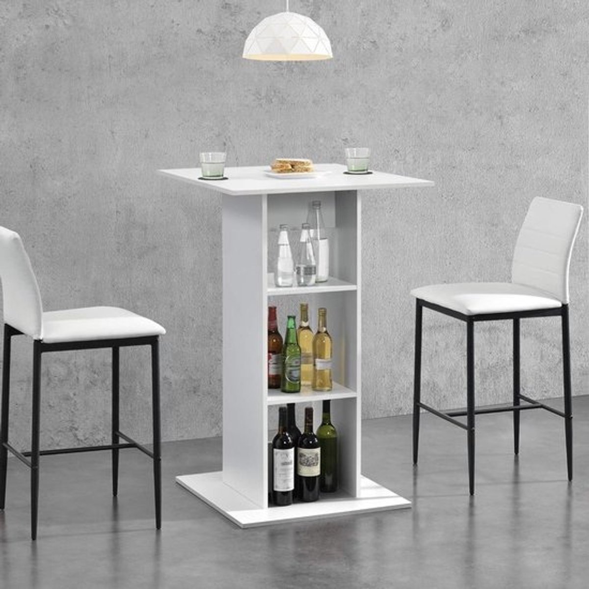 Bartafel met planken - Statafel hoog - Gezellig borrelen - Drie extra vakken - 70x70x110cm - Wit
