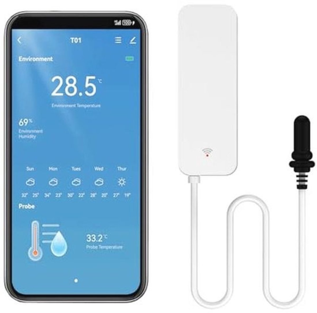 Slimme thermometer en hygrometer met wifi en externe sonde voor vriezer en aquarium