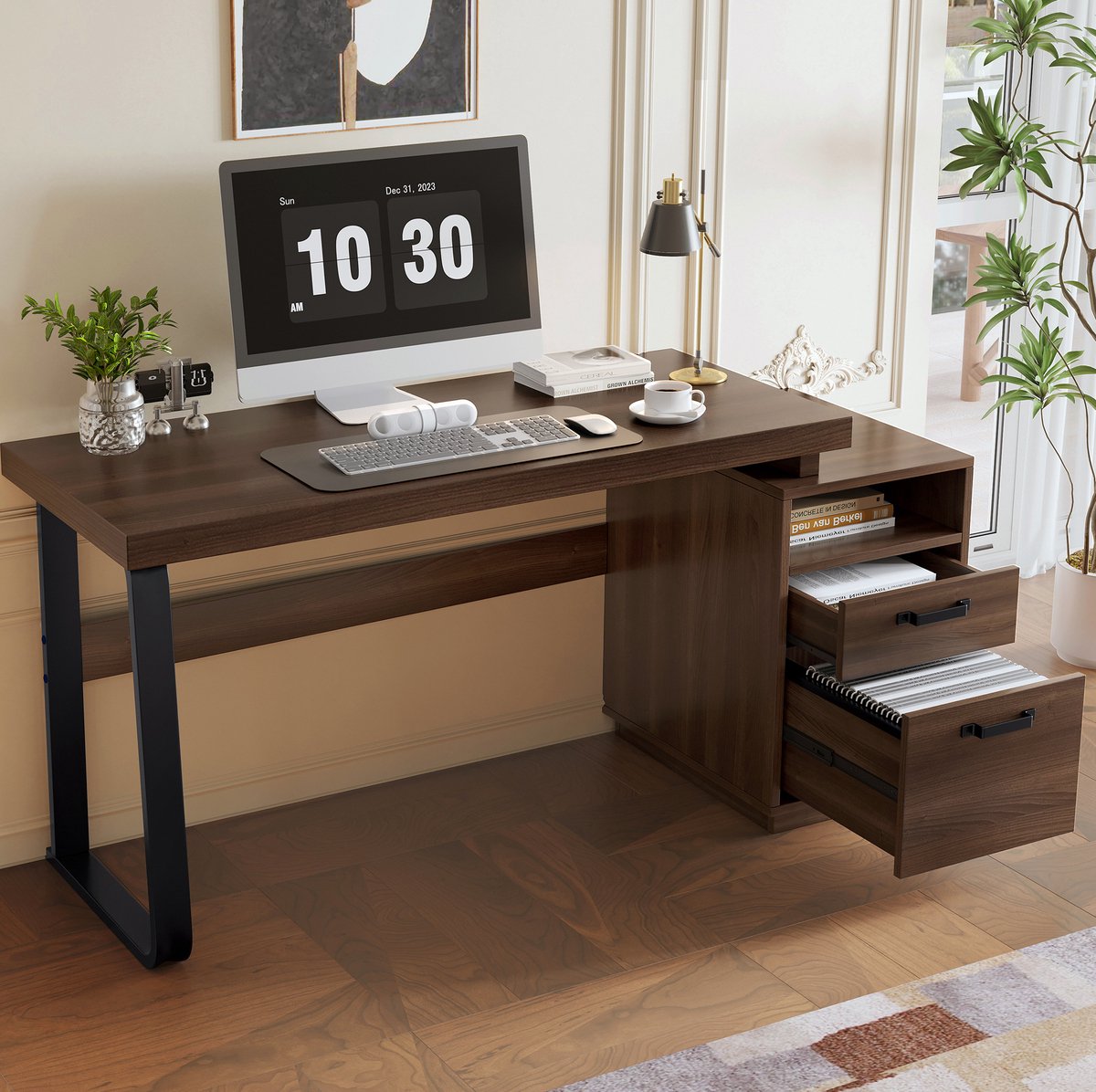 Wishdor Bureau - Met opbergruimte en lade - Open vak en ordneropslag - Modern minimalistisch - Kantoor studeerkamer werkkamer - MDF en metaal - Bruin - 161 x 54 x 76,3 cm