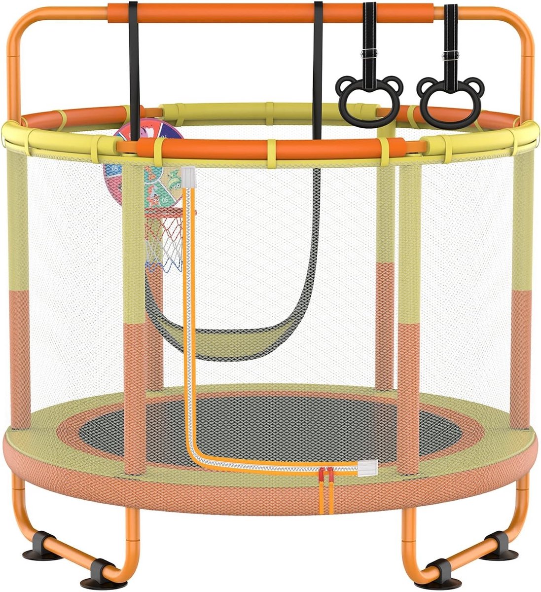 Veilige en Versterkte Trampoline voor Kinderen met Veiligheidsnet, Schommels en Speelgoed - Perfect voor Buiten en Binnen (Geel Oranje)