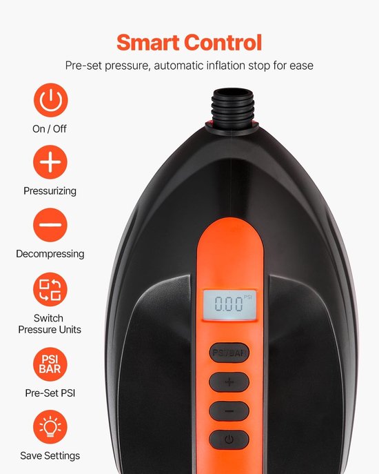 Hogedruk 16 PSI paddleboard luchtpomp, SUP-opblaaspomp met sigarettenaanstekeraansluiting en automatische uitschakeling, 70 l/min opblaassnelheid, voor opblaasboot, kajak, matras, tent — afbeelding 2