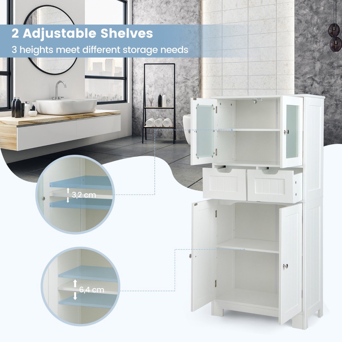 SureDeal® - Ladekast - Staande Opbergkast - Deuren Vrijstaande Badkamerkast - Glazen Deuren Lades - 60x30x128 cm - Wit