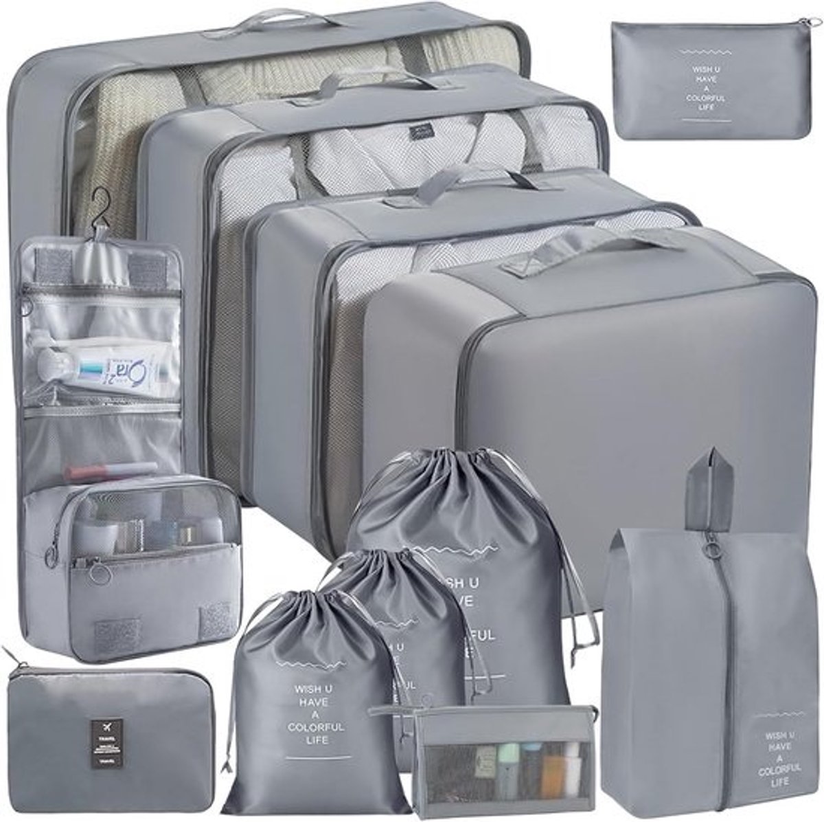 12-Delige Koffer Organizer Set voor Reizen - Inclusief Tassen en Kubussen