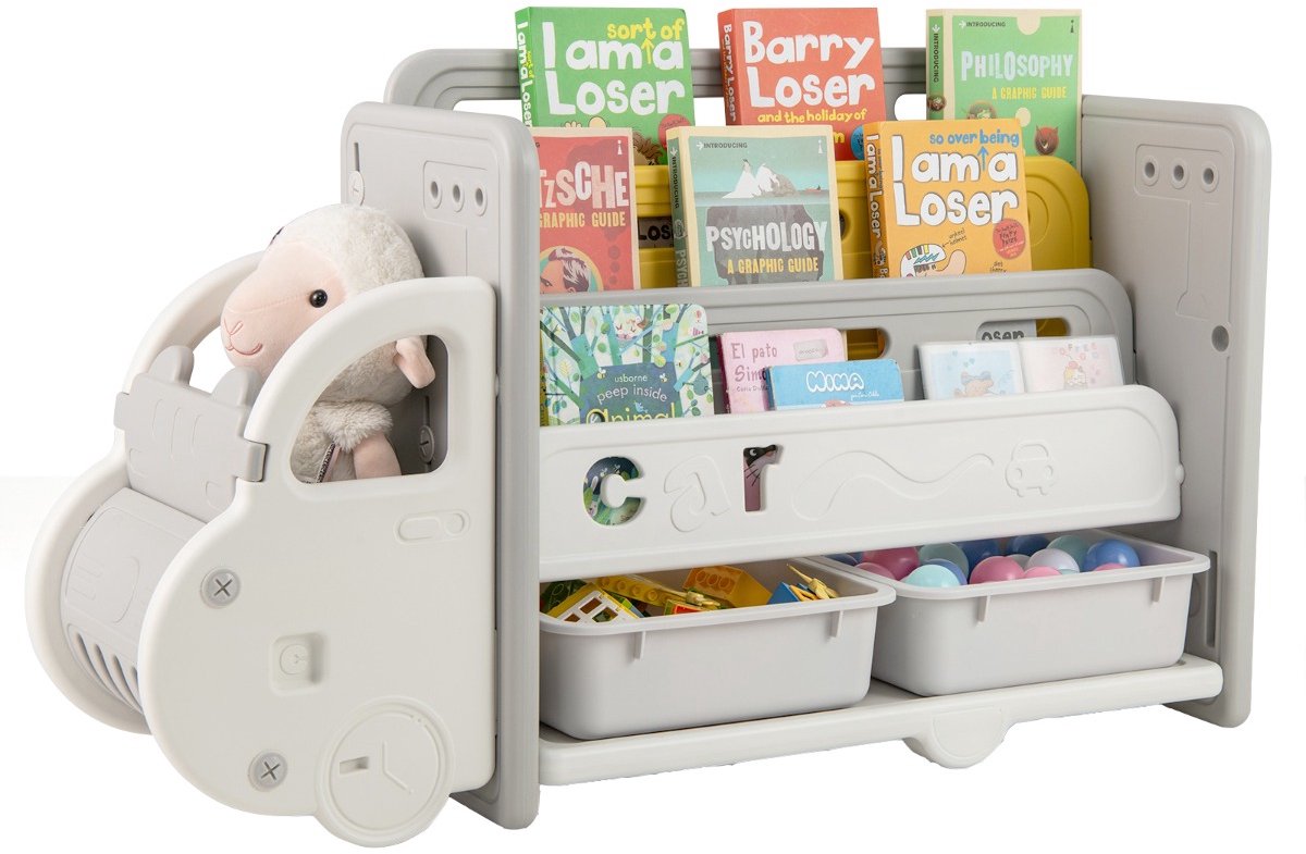 SureDeal® - Boekenkast - Kinderen Automotive Stijl - Niveaus - Opbergdozen Speelgoedkast Speelgoedorganizer - 108x35x63,5 cm - Beige + Grijs