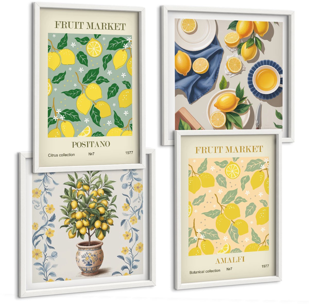 Wallfluent 4-Delige Schilderij Set - Italiaanse Posters Met Citrusbomen En Fruit - 40 x 40 En 40 x 60 - Decoratieve Muurdecoratie - Slaapkamer