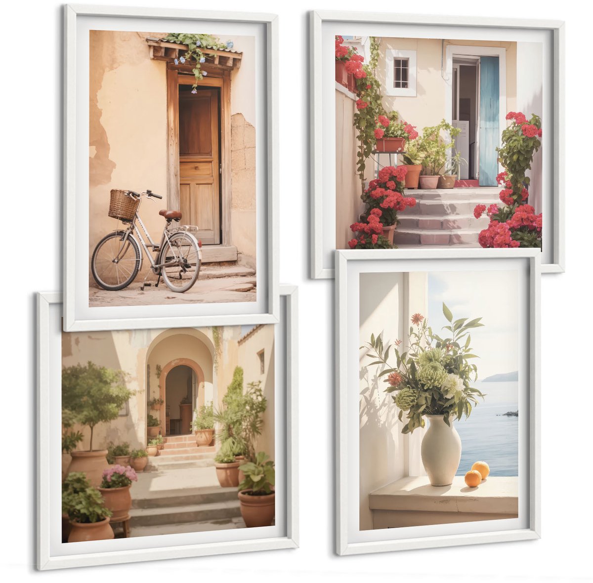 Wallfluent 4-Delige Schilderij Set - Charmante Straatjes Langs De Kust Met Bloemen En Fietsen. - 40 x 40 En 40 x 60 - Moderne Wanddecoratie - Woonkamer - Decoratieve Schilderijen