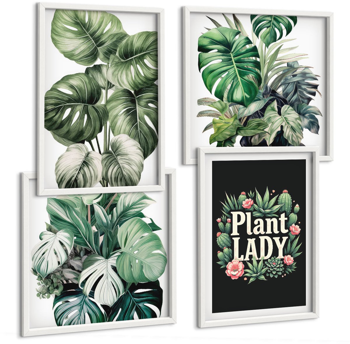 Wallfluent 4-Delige Schilderij Set - Tropische Planten Met Het Opschrift 'Plant Lady' In Het Groen. - 40 x 40 En 40 x 60 - Muurdecoratie - Decoratieve Schilderijen - Wohnzimmer - Interieur Decoratie