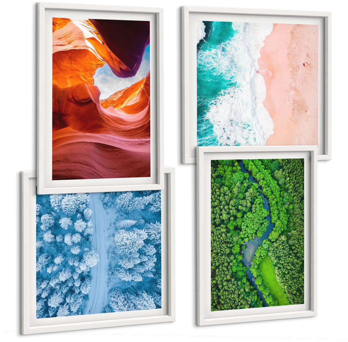 Wallfluent 4-Delige Schilderij Set - Water In Beweging, Kloof En Bos, Groene Winternatuur - 40 x 40 En 40 x 60 - Wanddecoratie - Schilderijen Set - Interieur - Decoratieve Schilderijen