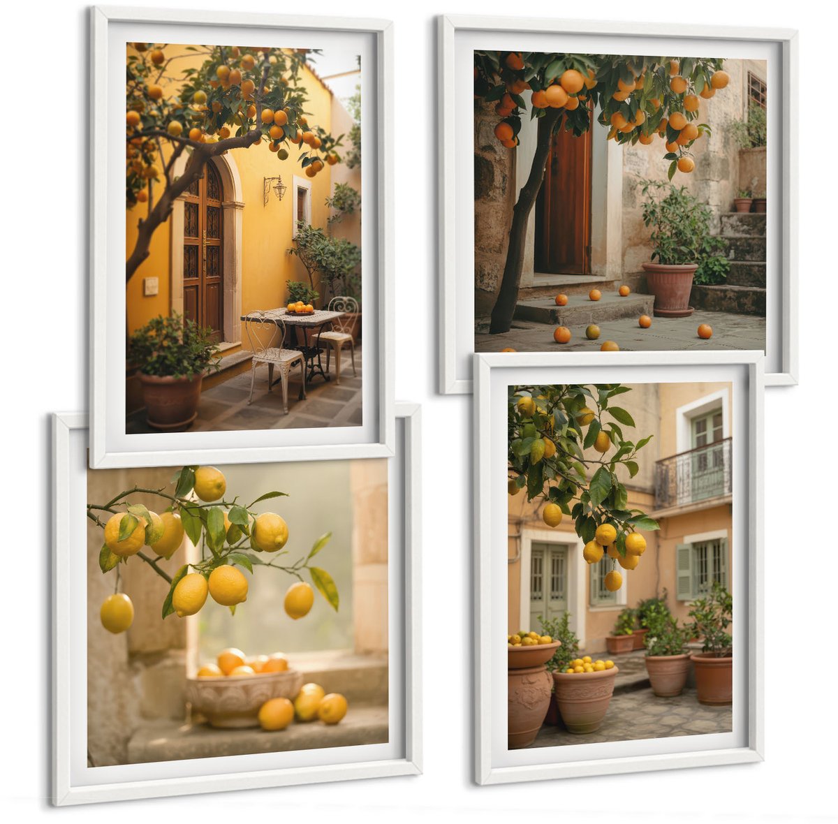 Wallfluent 4-Delige Schilderij Set - Tuin Met Citrusbomen Op Een Zonnige Locatie - 40 x 40 En 40 x 60 - Wanddecoratie - Muurdecoratie - Woonkamer - Woonkamer Decoratie