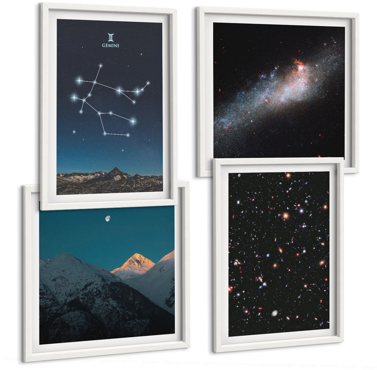 Wallfluent 4-Delige Schilderij Set - Sterrenbeeld Tweelingen (Gemini) Melkwegstelsel Ruimte Sterren - 40 x 40 En 40 x 60 - Muurdecoratie - Wanddecoratie - Slaapkamer